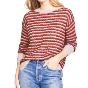 Theory Red and White Striped Crew Neck Sweater